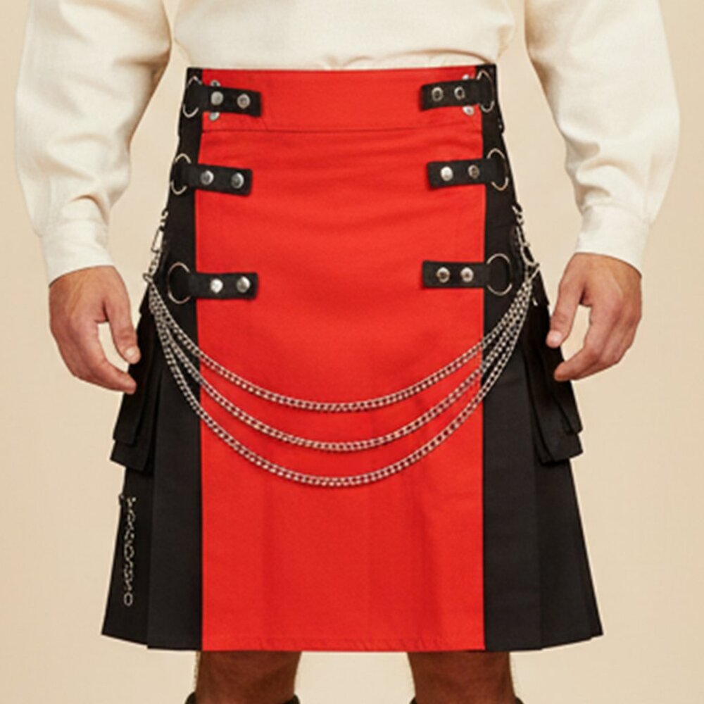 Men’s Black Utility Kilt Red Apron Removable Chains Adjustable Scottish Wear